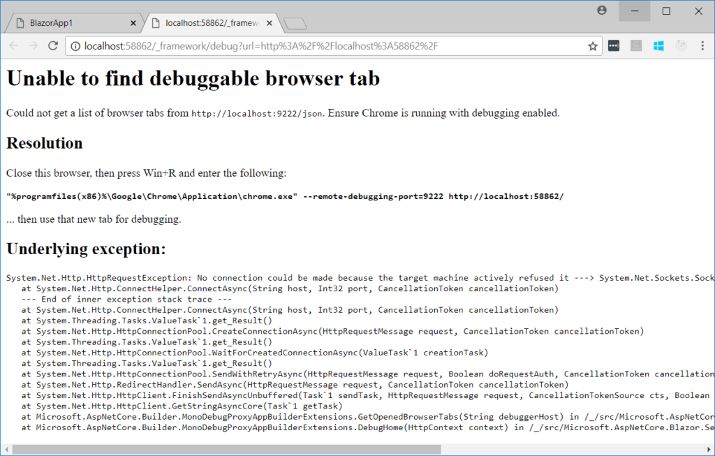 Unable to find debuggable browser tab in Blazor: coderethinked.com 