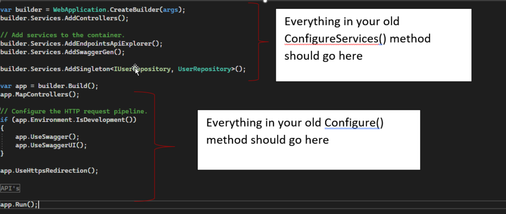 Depicting the ConfigureServices and Configure methods in Program.cs in Minimal API's