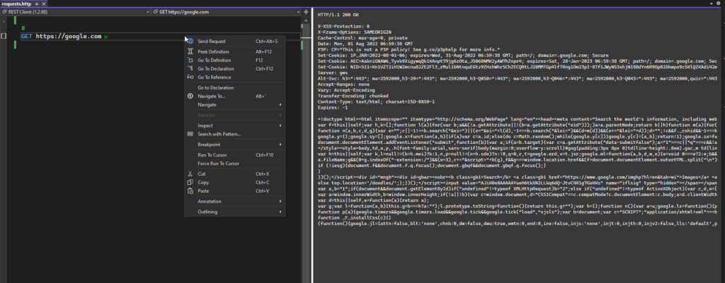 Demo of REST Client for Visual Studio 2022 making a GET request